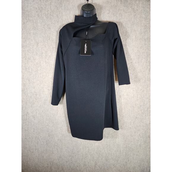 PRETTYLITTLETHING Black Crepe One Shoulder Choker Knee Length Dress SZ 14 - Picture 1 of 9